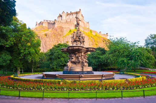 Edinburgh Castle in Scotland, from Princes Street Gardens, with the Ross Fountain in the foreground
