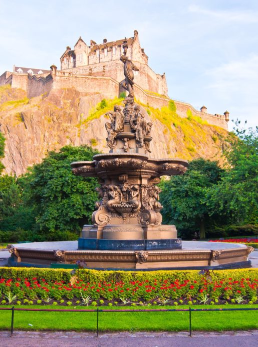 Edinburgh Castle in Scotland, from Princes Street Gardens, with the Ross Fountain in the foreground